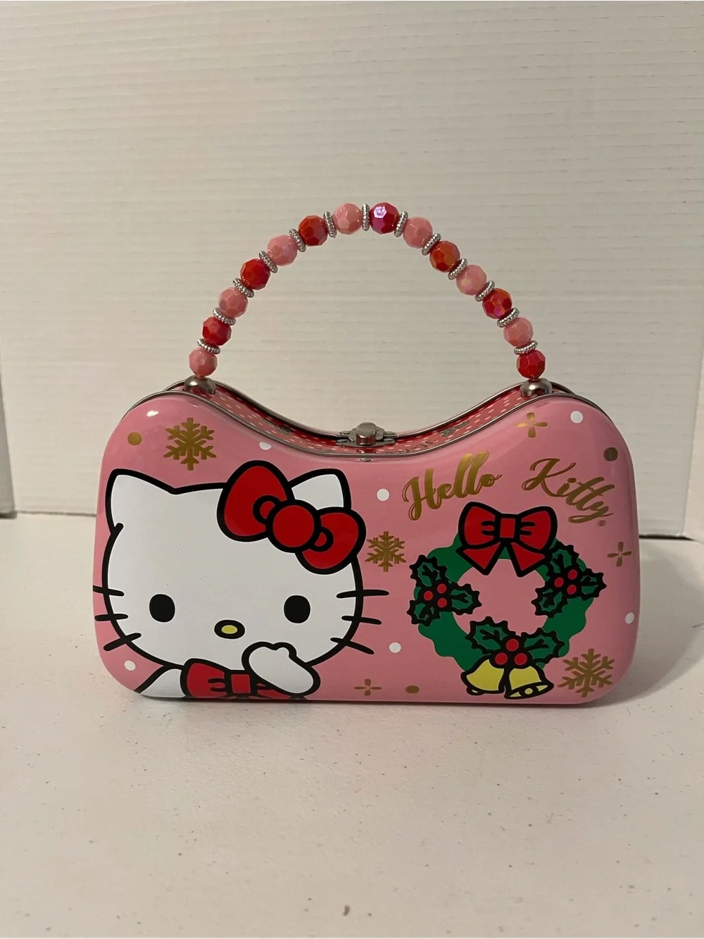 Hello Kitty Pink Holiday Wreath Beaded Handle Clutch